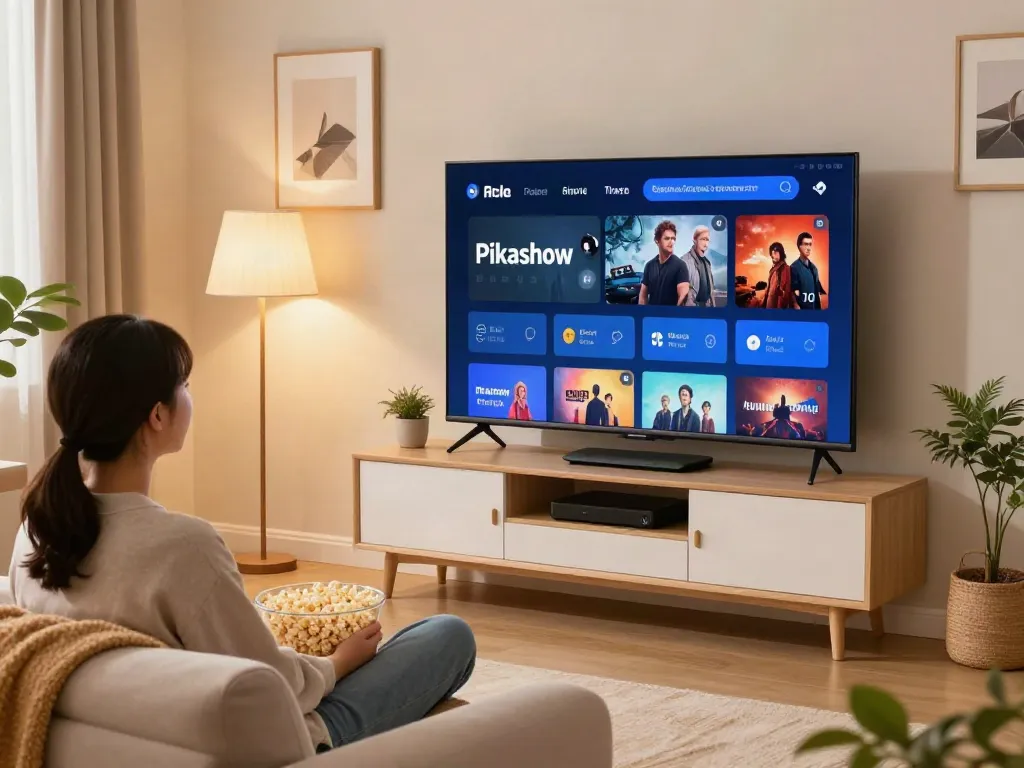 Pikashow app download scene with a user enjoying movies in a cozy living room.
