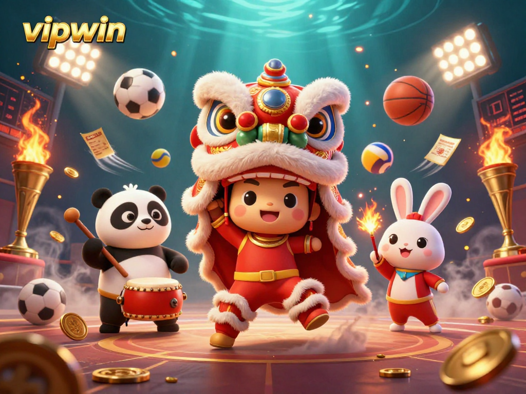 Engage with vipwin in a vibrant casino world featuring animated characters and sports elements.