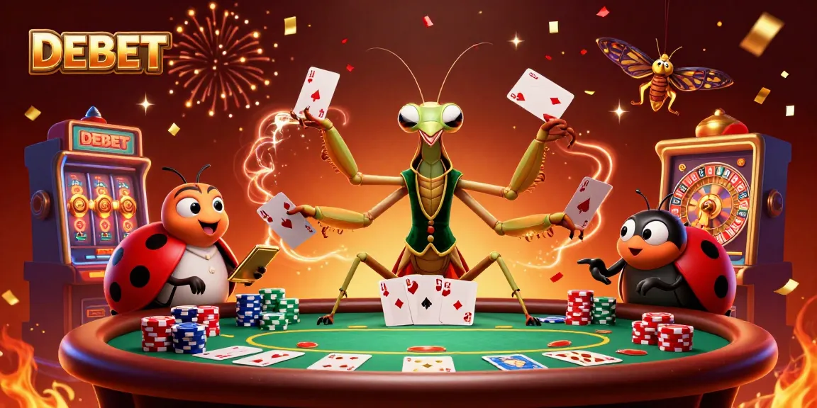 Experience the excitement of DEBET with a giant praying mantis and ladybug in a vibrant casino scene.