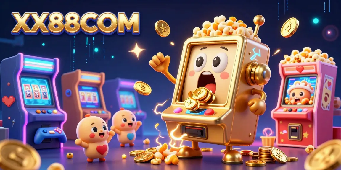 Experience jackpot excitement at XX88COM with a vibrant 3D casino illustration filled with golden slot machines.