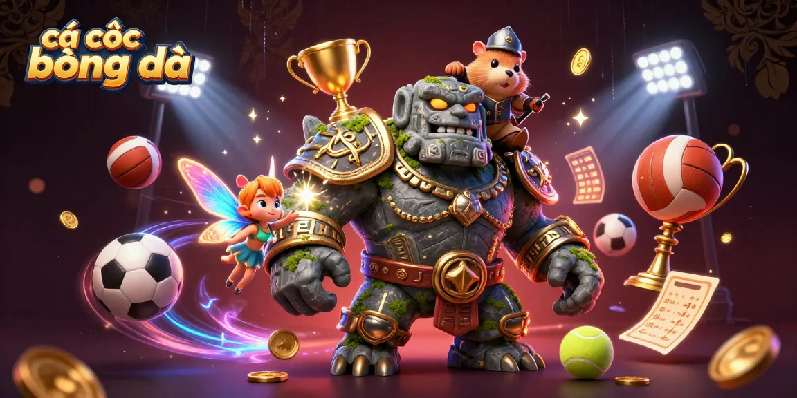 Cá cược bóng đá scene with a 3D stone golem guardian, tiny fairy, and hamster knight among flying sports balls and betting slips.