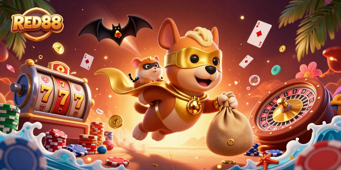 Experience the excitement of RED88 casino adventures with our cartoon heroes amid a vibrant gambling scene.