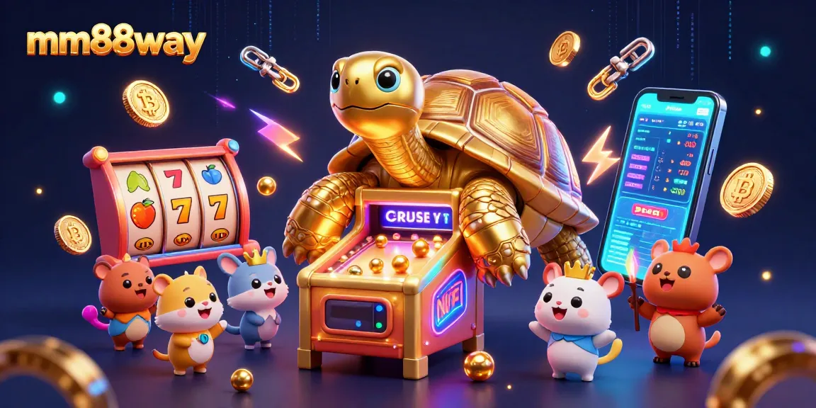Join the excitement at mm88way with a vibrant casino illustration showcasing engaging slot reels and cryptocurrency elements.
