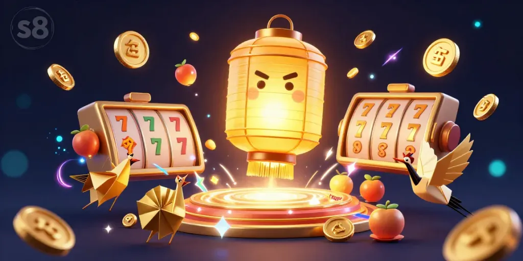 Experience the vibrant s8 online casino with golden lantern spirit and spinning slot reels in a dynamic scene.