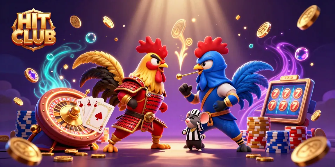 Experience excitement at HIT CLUB with twin roosters in combat, surrounded by casino treasures.