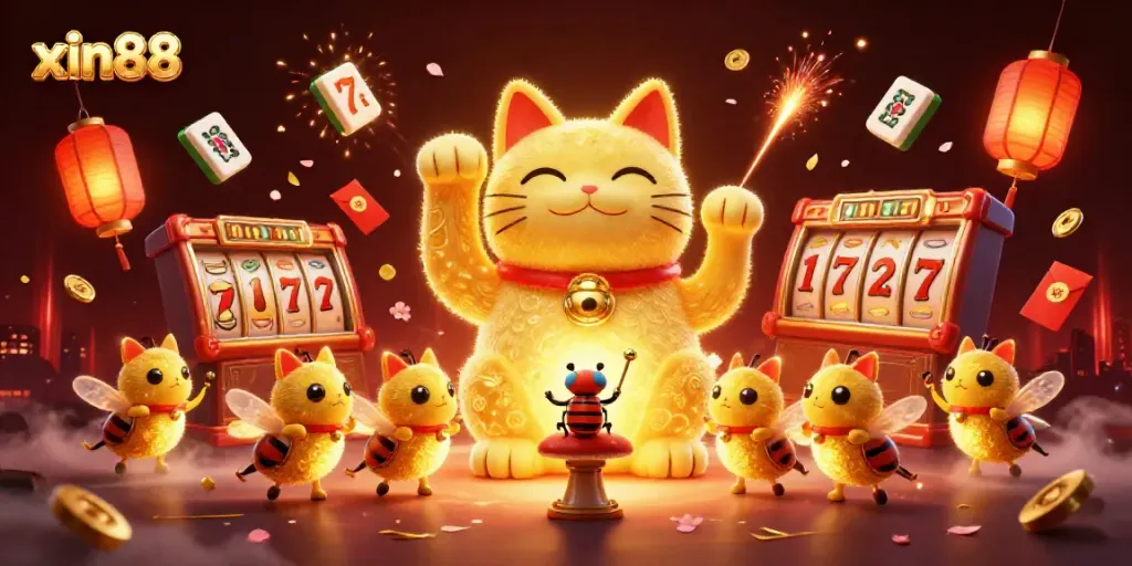 Experience the vibrant energy of xin88 with a 3D illustration of a lucky cat and casino symbols.