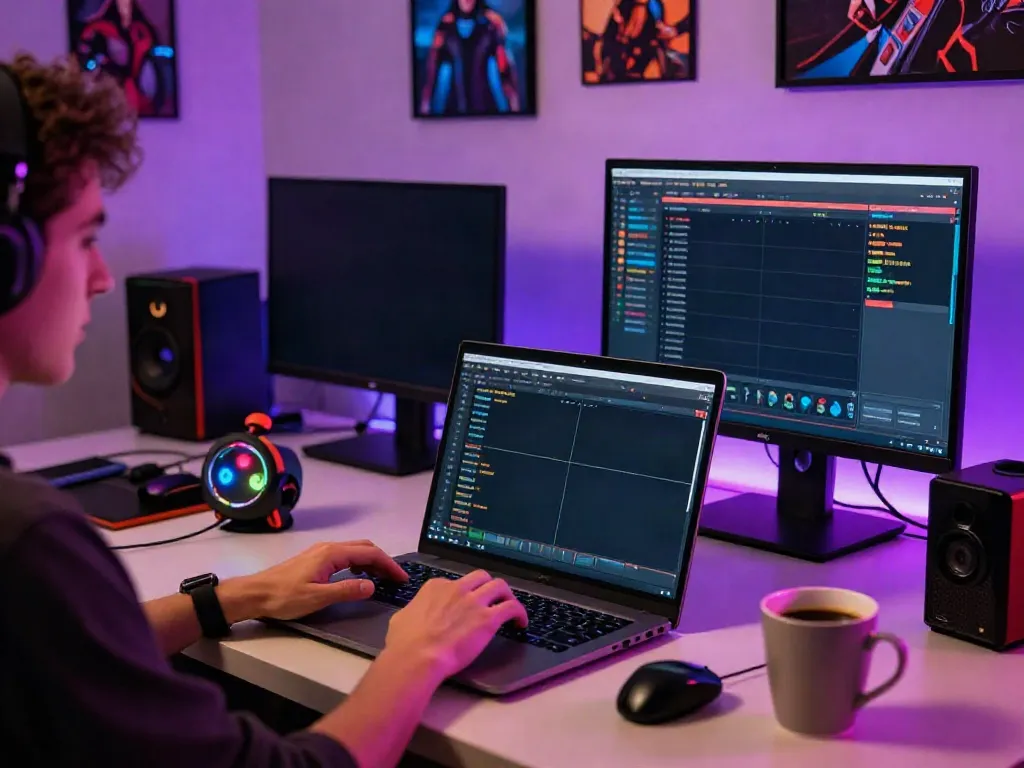Engaging home office setup for ku88 online gaming, featuring sports stats and casino games.