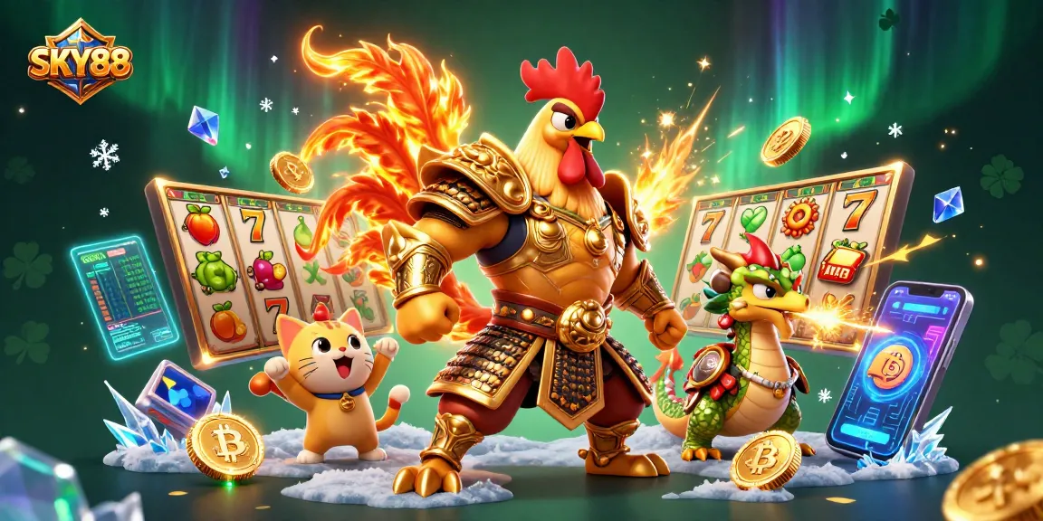 Join the fun with SKY88's vibrant 3D illustration of a warrior rooster, dragon, and lucky cat within a dynamic casino scene.