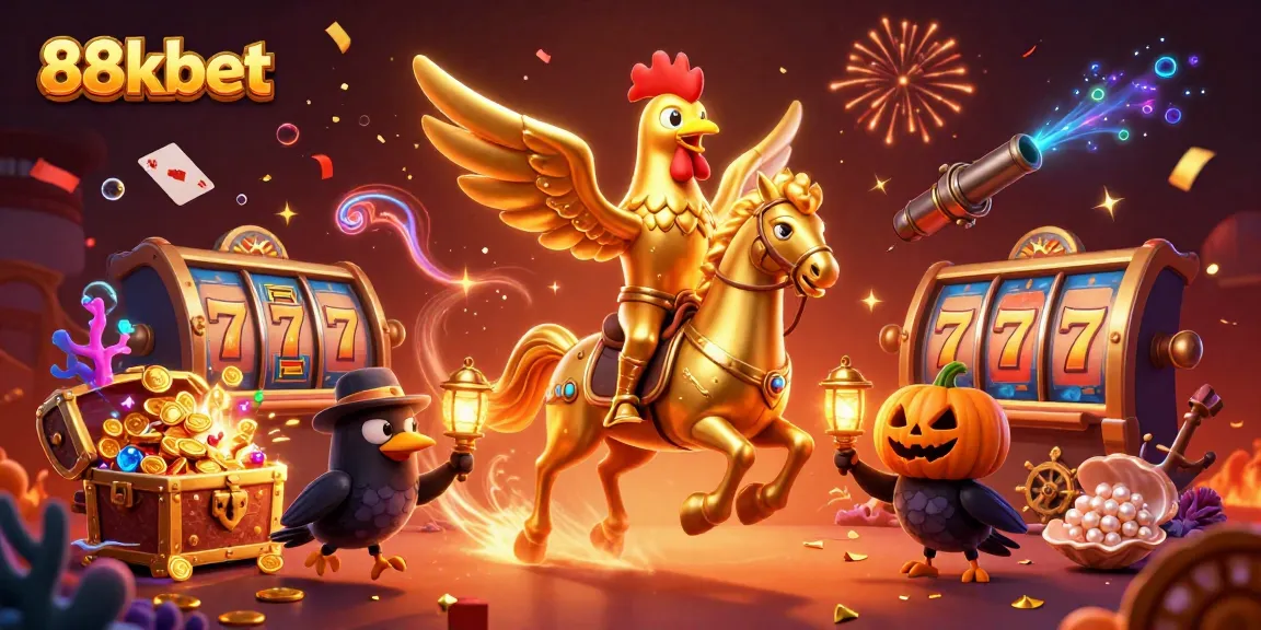 Experience the excitement of 88kbet with a spectacular golden rooster riding through a vibrant casino.
