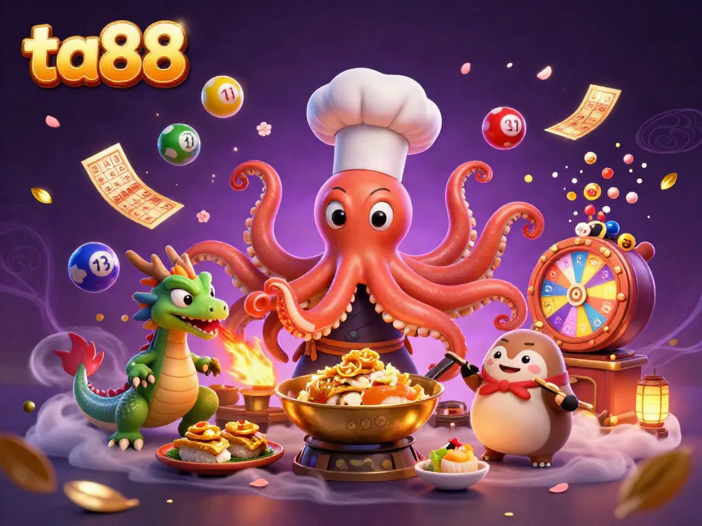 ta88 showcases a vibrant 3D illustration with a sushi chef octopus stirring up exciting lottery moments in a casino atmosphere.
