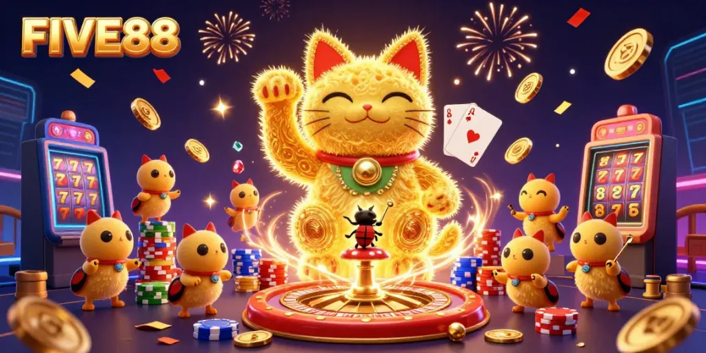 FIVE88's giant lucky cat made of glowing fireflies welcomes players with vibrant casino symbols in an engaging scene.
