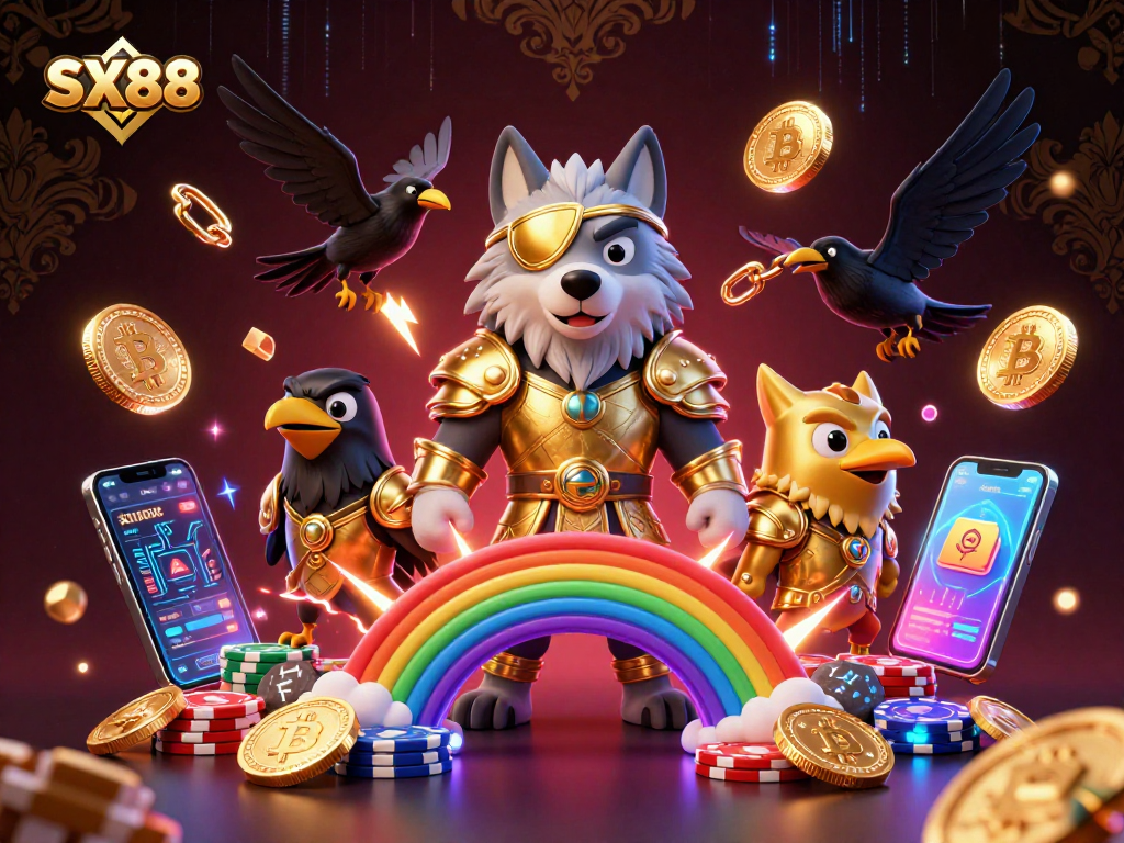 SX88 presents a captivating 3D scene featuring Odin and ravens on a rainbow bridge of casino chips amidst crypto coins.