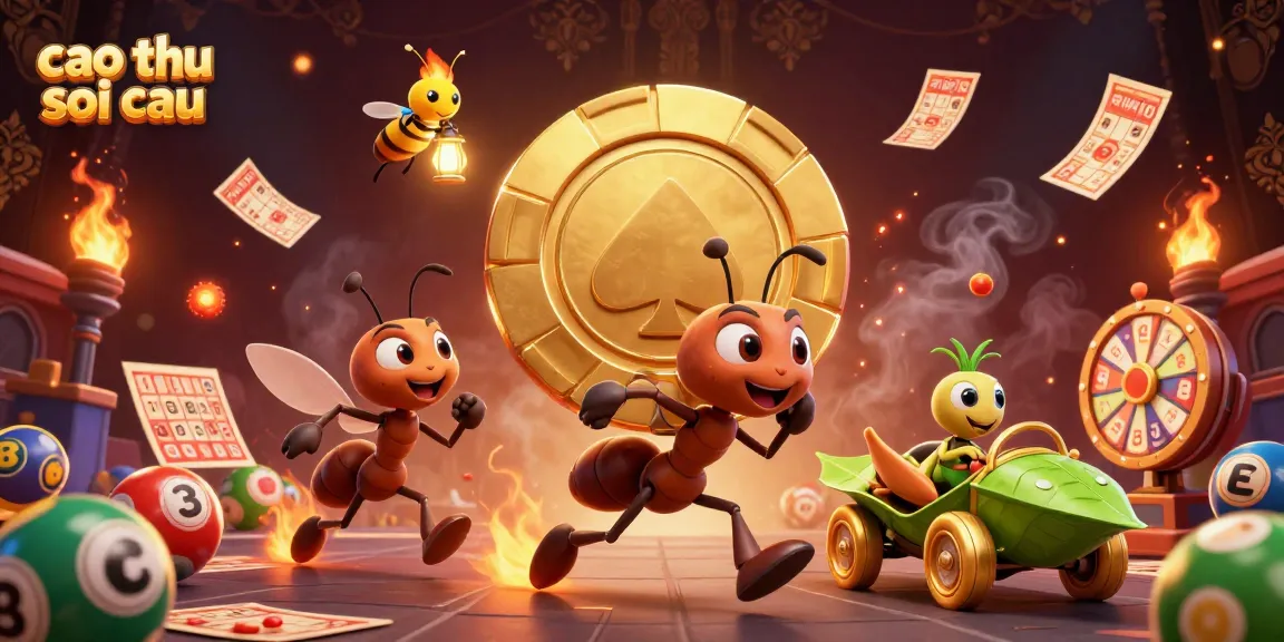Catch the excitement of cao thu soi cau with ants stealing a giant poker chip amidst vibrant lottery elements.