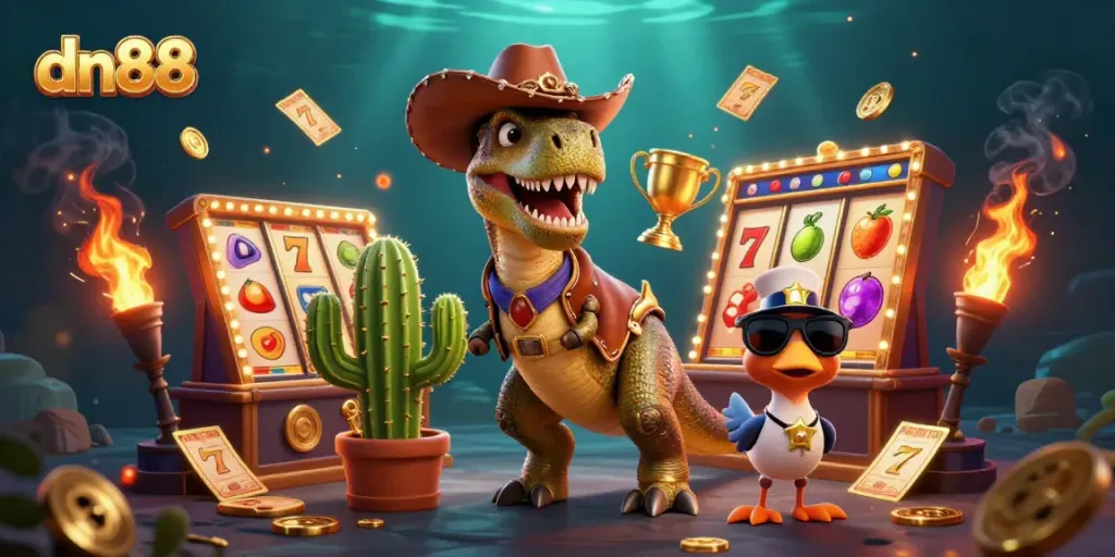 Experience thrilling gameplay at dn88 with a vibrant 3D casino scene featuring a T-Rex and colorful slot elements.