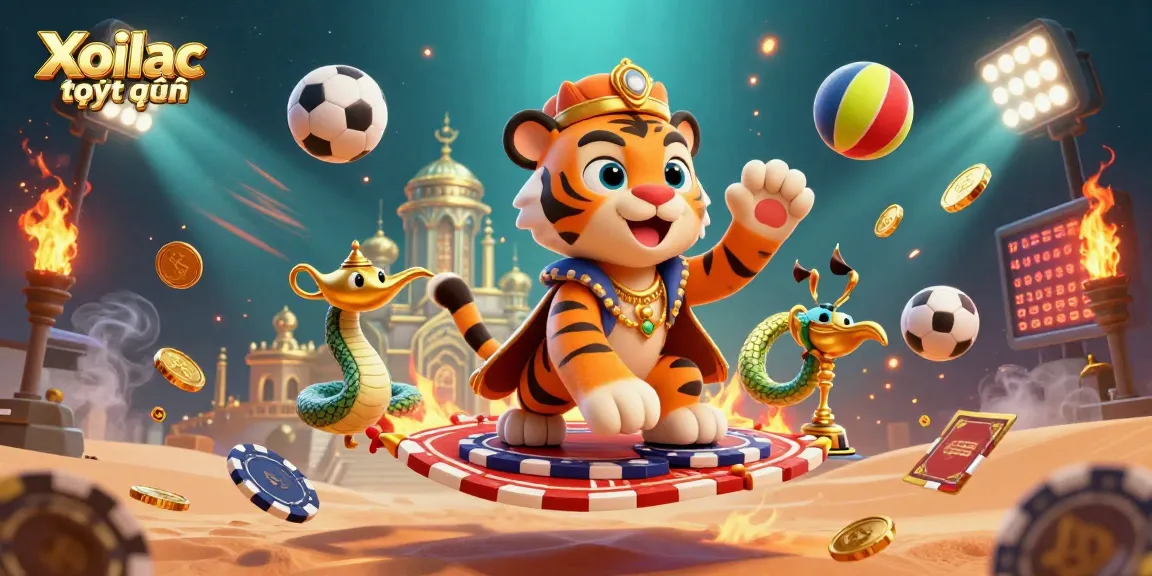 Xoilac trực tuyến showcases an Arabian Nights tiger sultan on a magic carpet with sports betting elements.
