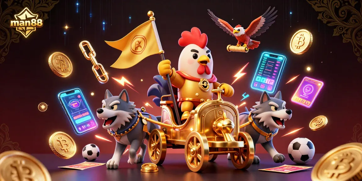 Experience thrilling betting action at man88 with a vibrant illustration of a rooster warlord and crypto elements.