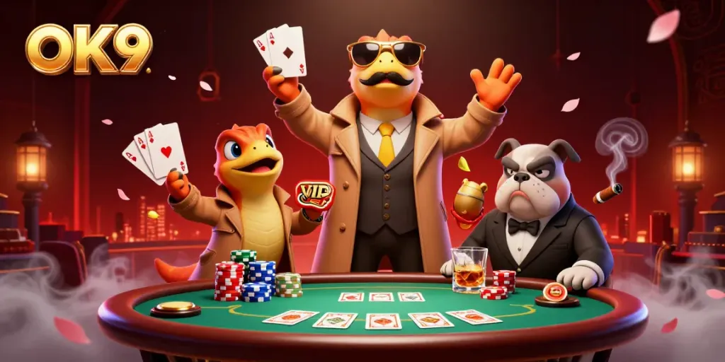 Experience the excitement at OK9 with raptors and a bulldog in a casino scene filled with gaming elements.