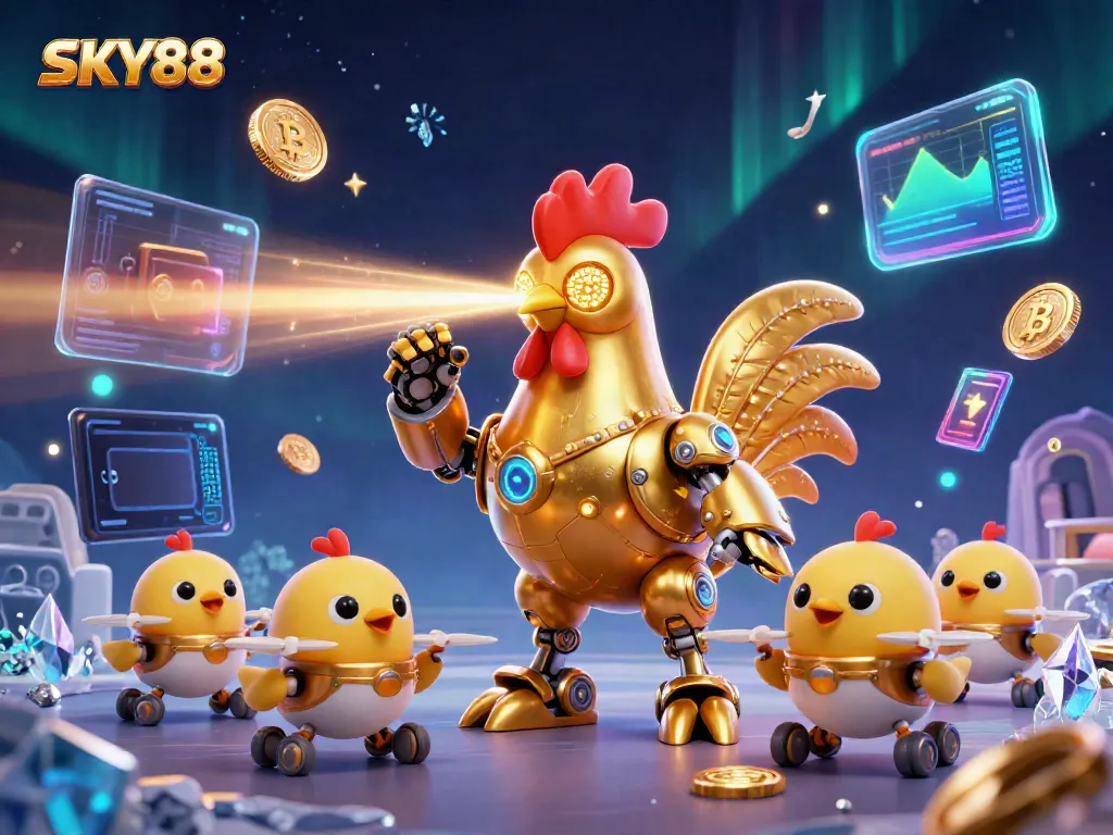 Experience thrilling gameplay with SKY88 in this vibrant 3D casino scene featuring futuristic characters and digital coins.