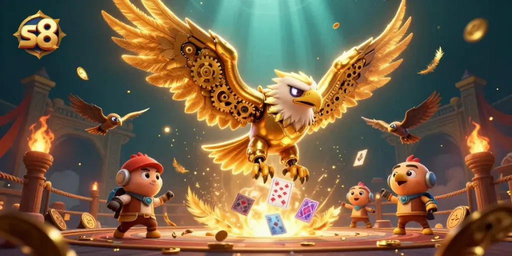 Engage with s8's vibrant gaming arena featuring a cybernetic eagle amidst diving cards and golden coins.