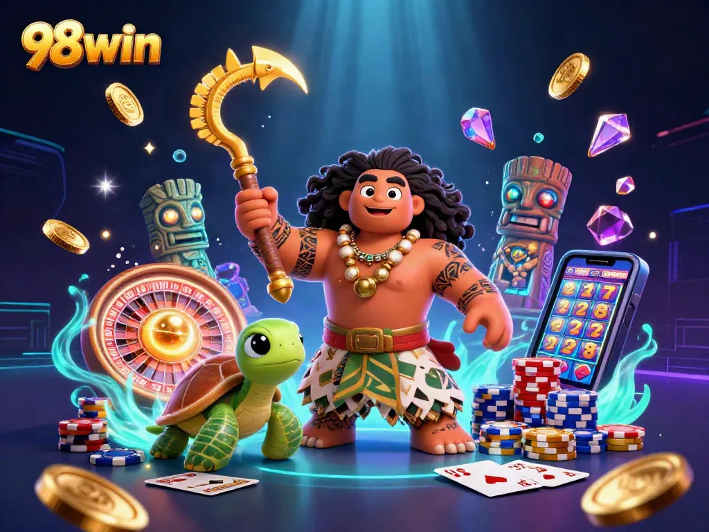 Spin the roulette wheel and win big with 98win's exciting casino experience featuring vibrant characters.