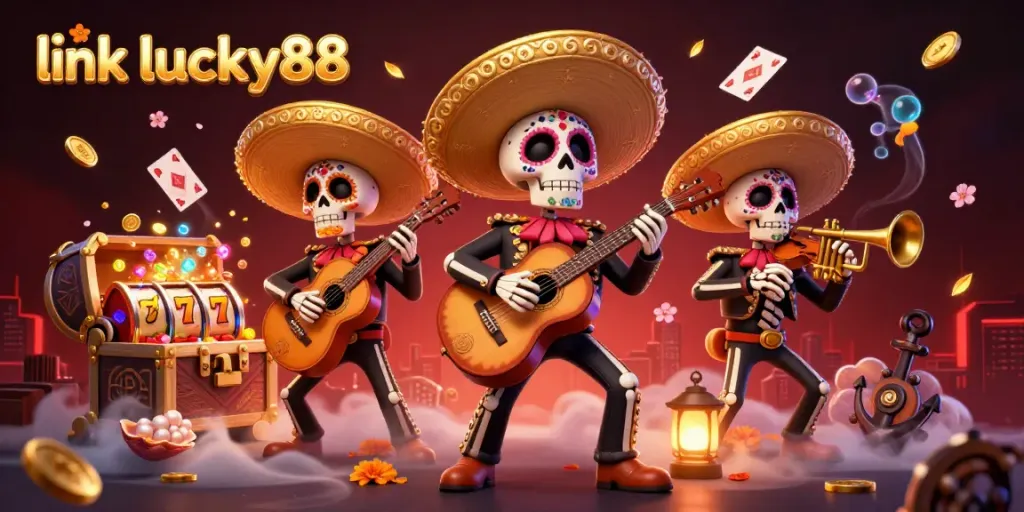 Join the fun at link lucky88 with a vibrant scene featuring gaming elements and mariachi characters.