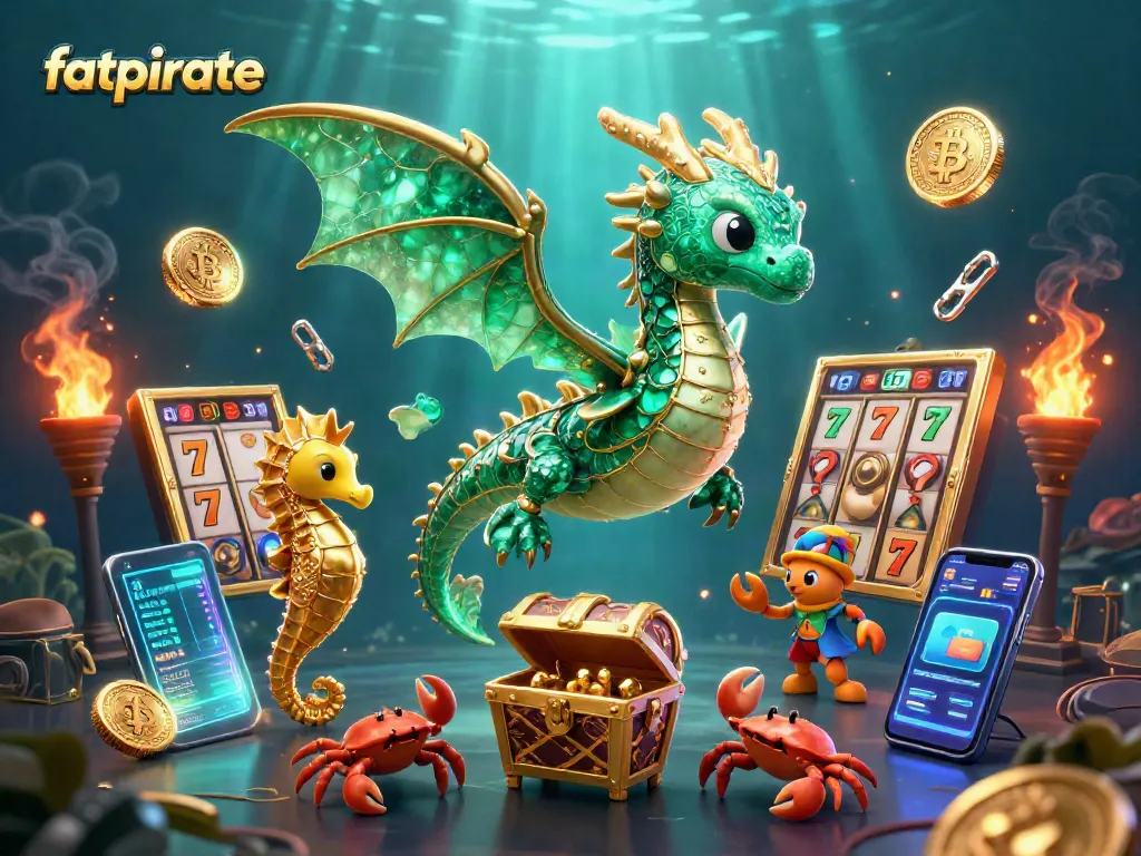 Engage with fatpirate's exciting 3D casino realm featuring vibrant slot machines and crypto elements.