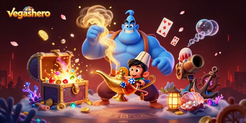 Experience the exhilarating world of vegashero with a magical casino scene featuring a blue genie, poker chips, and gold!