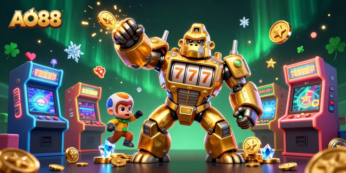 Experience the thrilling AO88 gaming adventure with a golden gorilla mech and arcade elements.