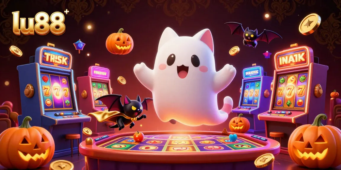 Engage with lu88's exciting slot games amidst a lively casino scene featuring a ghost cat and vampire bat.