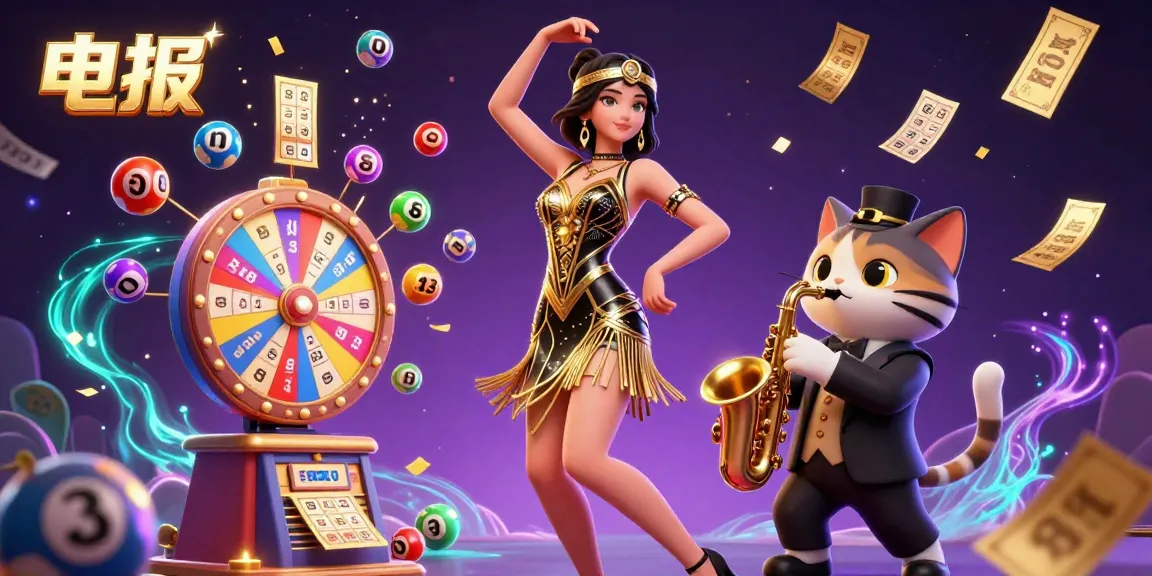 引人入胜的3D插图，展示了充满活力的赌场场景中的电报，包含彩票元素和动态角色。