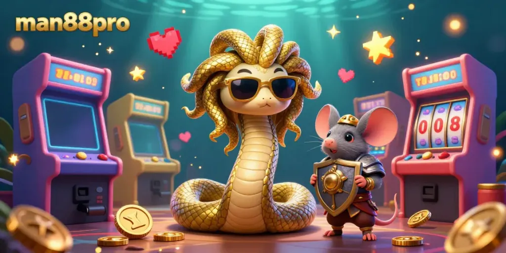 Experience vibrant gaming action with man88pro's rich casino scene featuring Medusa and a warrior mouse.
