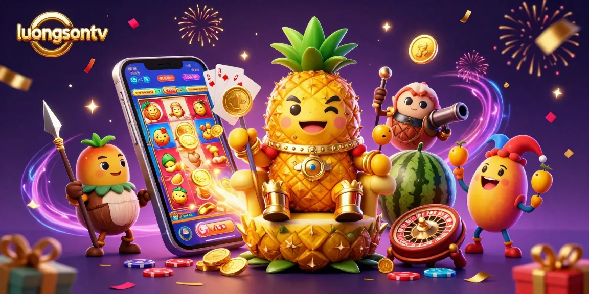 Experience thrilling slots at luongsontv with a lively, colorful casino scene including a pineapple king and energetic game elements.