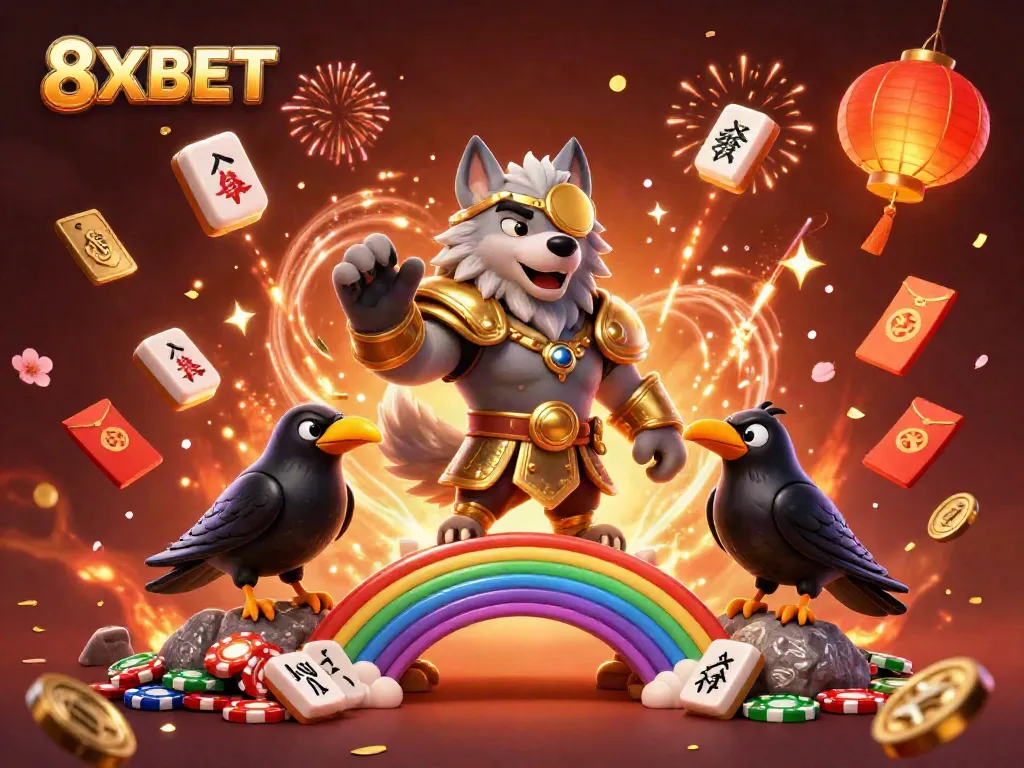 Experience the excitement of 8XBET with a vivid fantasy scene featuring Norse mythology characters and casino elements.