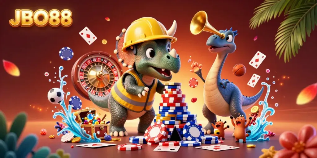 Experience the thrilling action of JBO88 through a vibrant illustration showcasing gambling elements with lively characters.