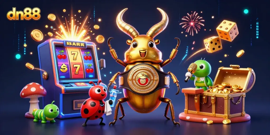 Experience dn88's exciting casino atmosphere with vibrant 3D characters and jackpot explosions.