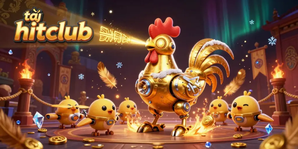 Engage in thrilling gameplay with tải hitclub's prominent robot mascot and dynamic casino elements.