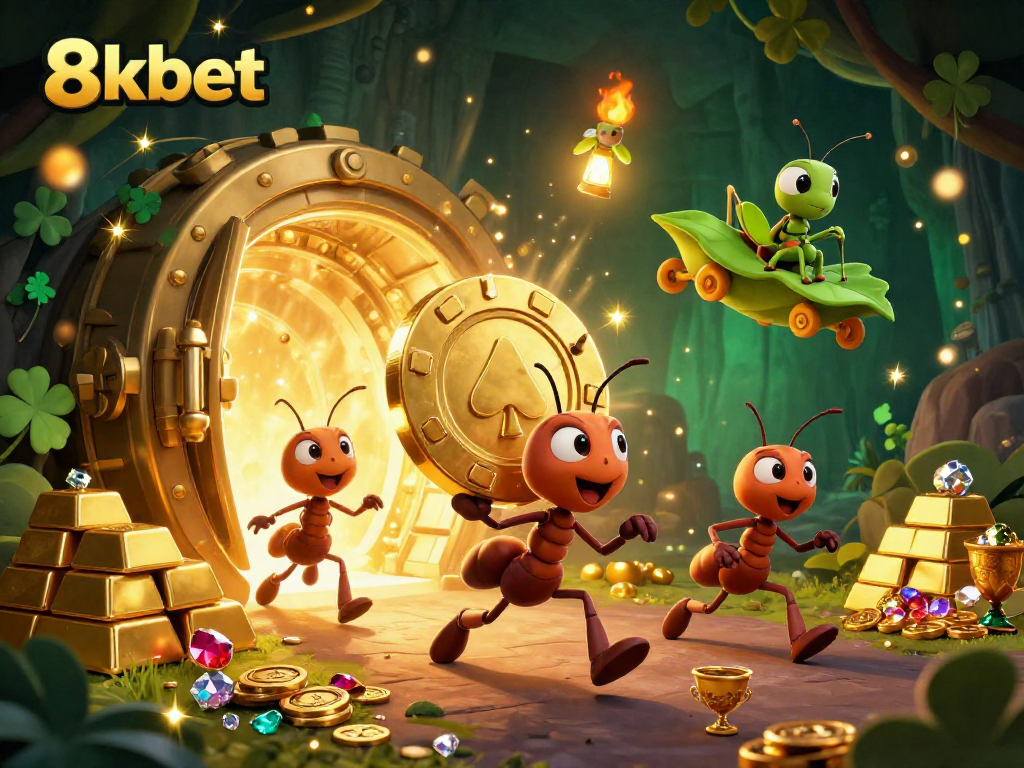 8kbet's dynamic heist scene with animated ants, golden treasures, and vibrant casino elements.