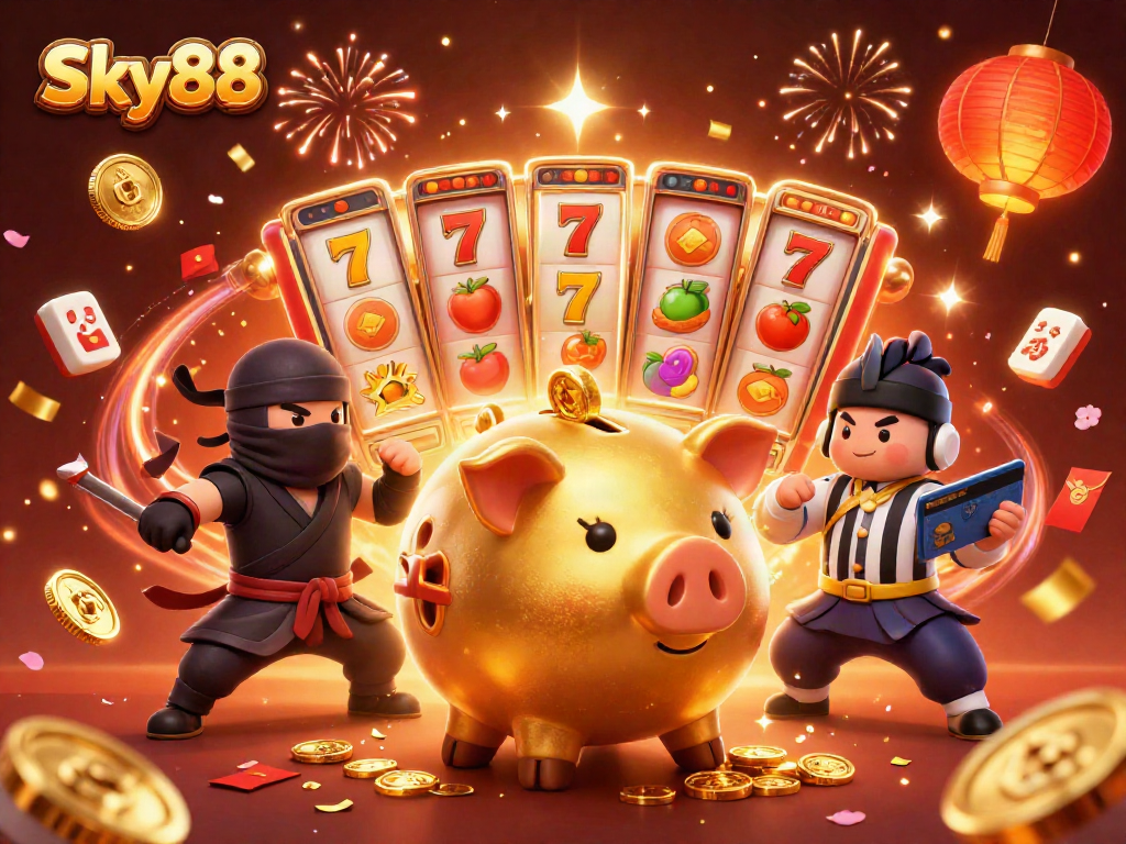 Celebrate winnings at Sky88 with a dynamic casino-themed scene full of excitement and energy.