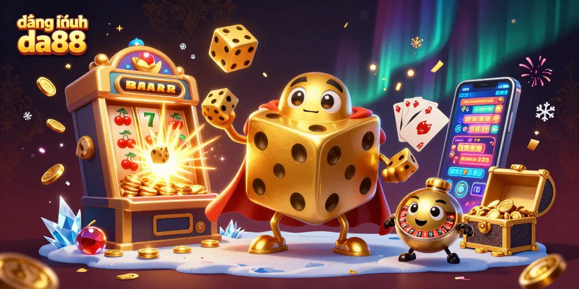 Experience the excitement of đăng nhập da88 with animated golden dice characters juggling casino symbols and coins.