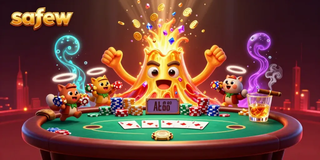 Experience the exhilarating eruption of gold and gems in a lively cartoonish volcano scene with safew branding.