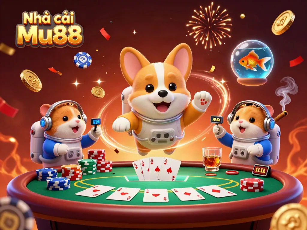 Experience the excitement of Nhà cái Mu88 with a 3D astronaut corgi and vibrant casino elements.