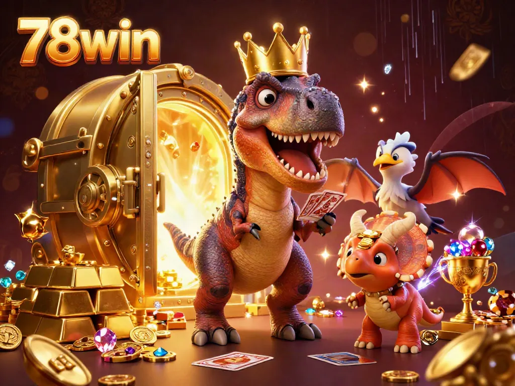 Engage with 78win's thrilling casino scene featuring a T-Rex and friends in a treasure-filled environment.