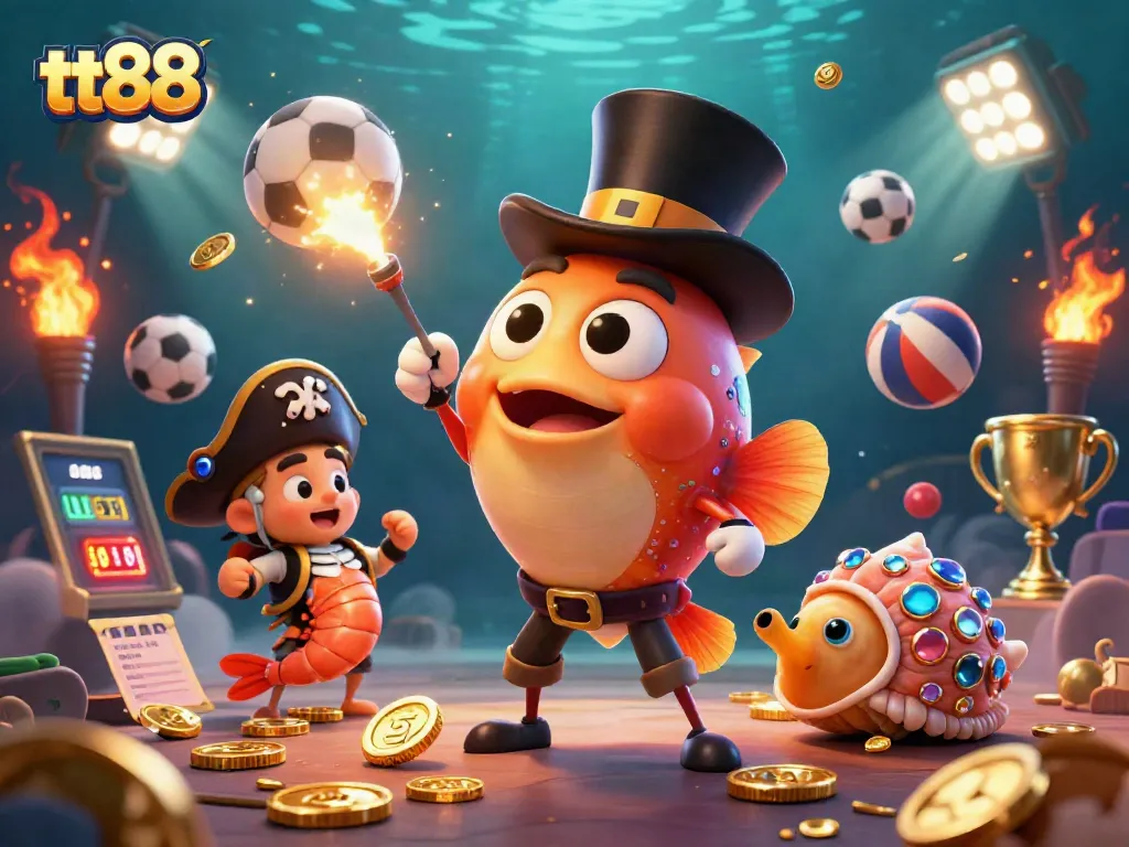 Engage with tt88 as the anglerfish attracts gold coins, amid vibrant sports elements and treasure.