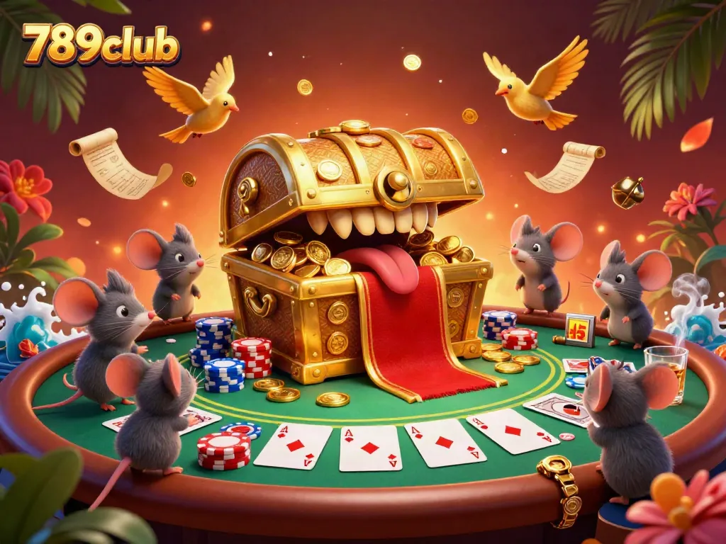 Play engaging games with 789club at a vibrant poker table, surrounded by golden treasures.