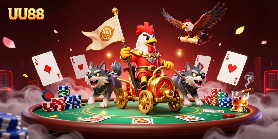 Experience thrilling action with UU88, showcasing a dynamic poker scene featuring a 3D rooster warlord.