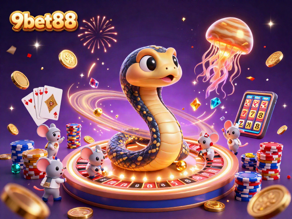 Experience cosmic gambling fun with 9bet88, featuring a Saturn ring snake and betting astronaut mice.