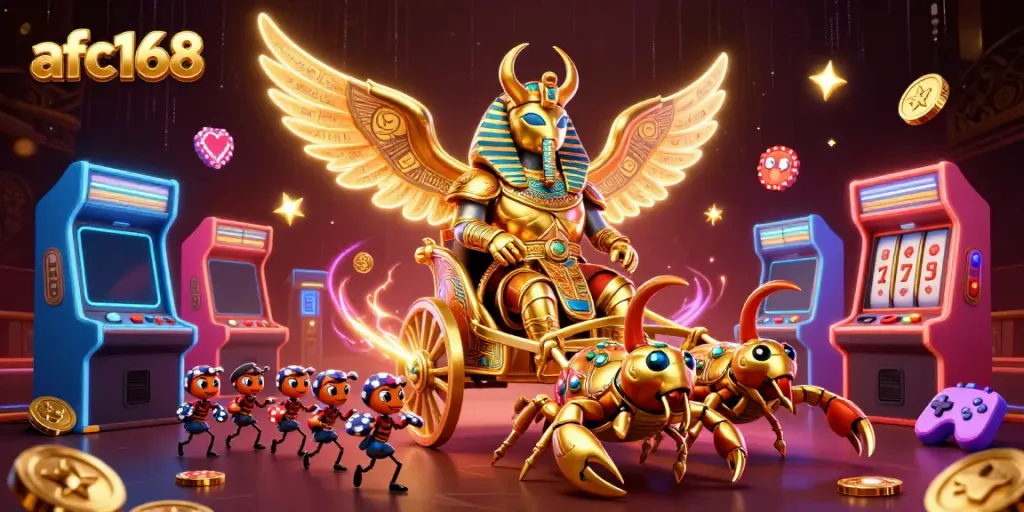 Engage with the thrilling world of afc168, featuring a golden scarab beetle and vibrant casino elements.