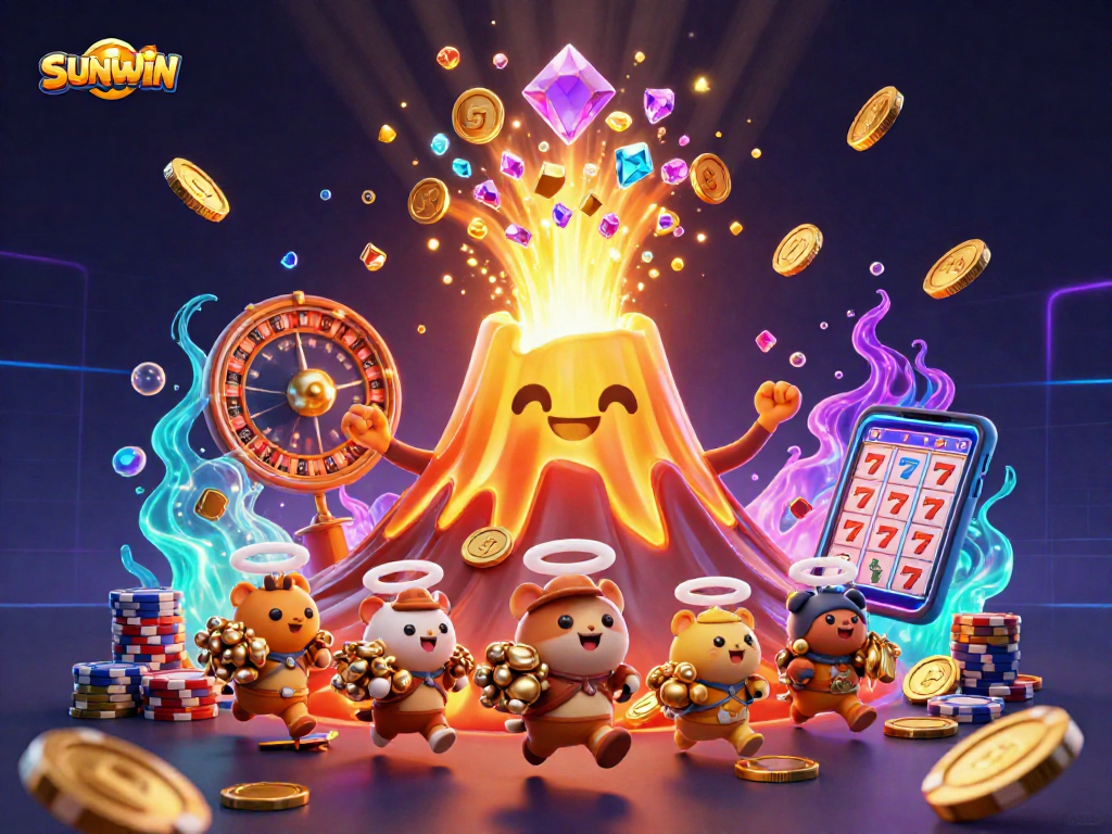 SUNWIN enhances the casino experience with a golden volcano erupting treasures and lively gaming action.