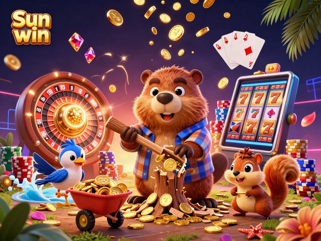 Experience the excitement of Sun win with a lively scene of characters celebrating wins amidst cascading coins and vibrant casino elements.