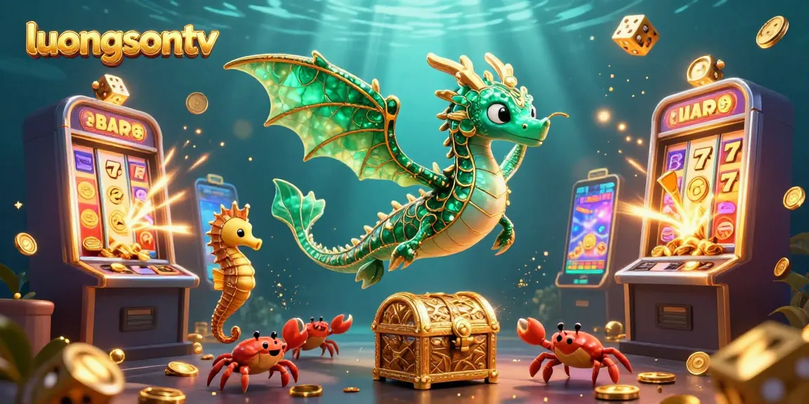 Experience thrilling action on luongsontv with a dynamic 3D casino illustration featuring vibrant characters and games.